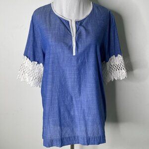 Lilly Pulitzer Women's Blue 3/4 Sleeve 100% Cotton Lace Tunic Size Medium